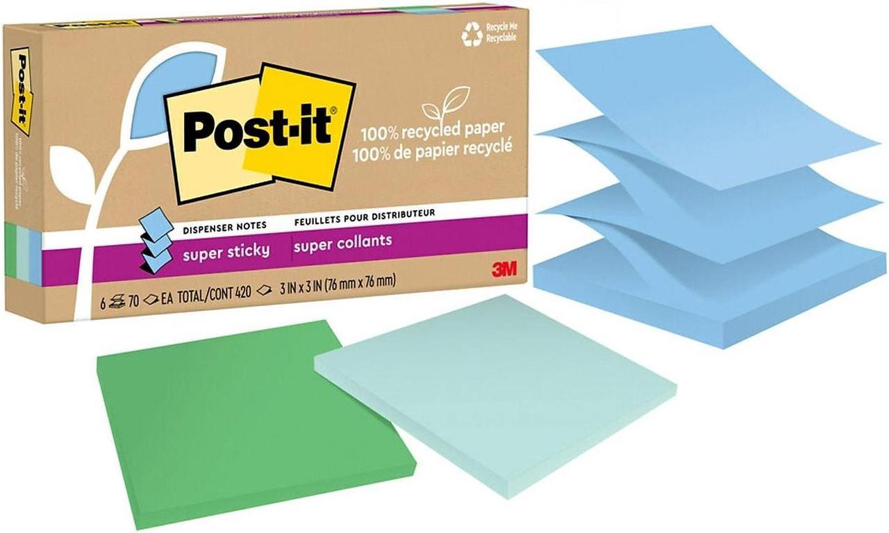 Post-it Recycled Super Sticky Pop-up Notes 3" x 3" Oasis Collection 70 Sheet/Pad 6 Pads/Pack (R330R-6SST)