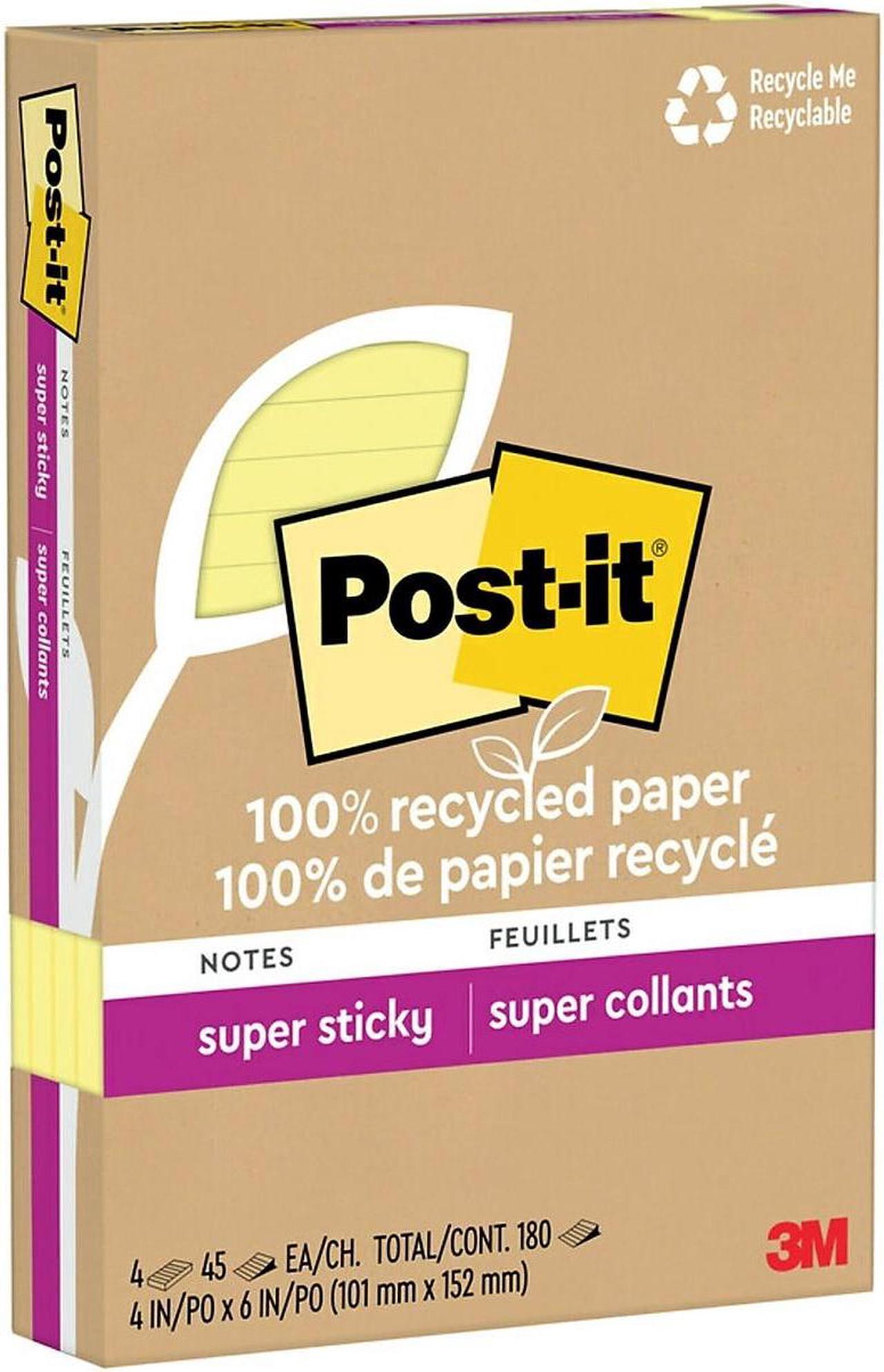 Post-it Recycled Super Sticky Notes 4" x 6" Canary Collection 45 Sheet/Pad 4 Pads/Pack (4621R-4SSCY)