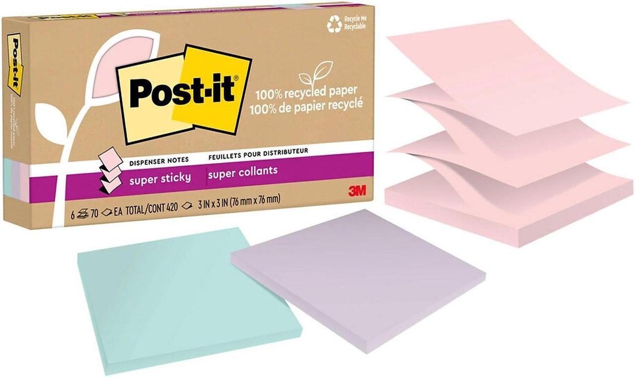 Post-it Recycled Super Sticky Pop-up Notes 3" x 3" Wanderlust Pastels Collection 70 Sheet/Pad 6 Pads/Pack (R330R-6SSNRP)