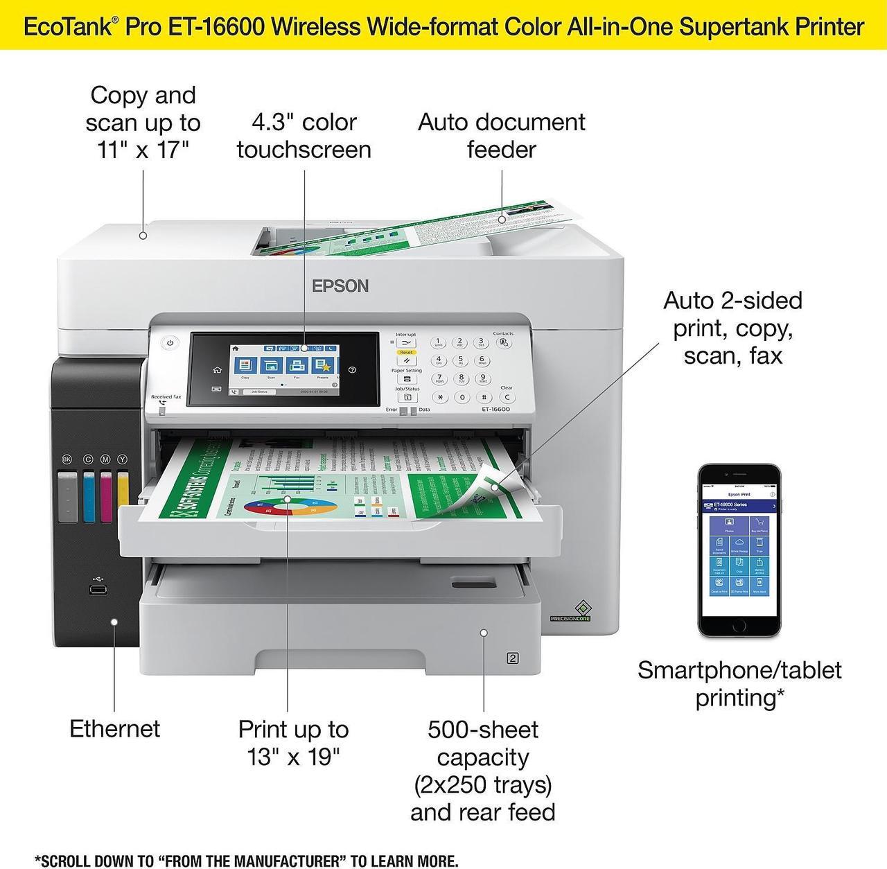 Alt view image 3 of 7 - Epson EcoTank® Pro ET-16600 Wide-format All-in-One Business Supertank Printer