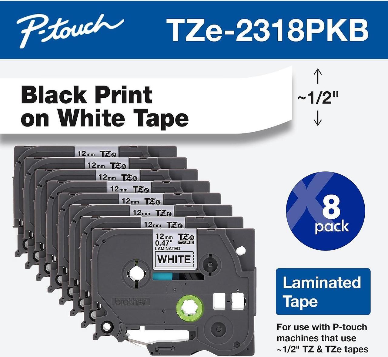 Main image of Brother P-touch TZe-231 Laminated Label Maker Tape 1/2" x 26-2/10' Black on White 8/Pack (TZe-2318PKB) TZE-2318PKB