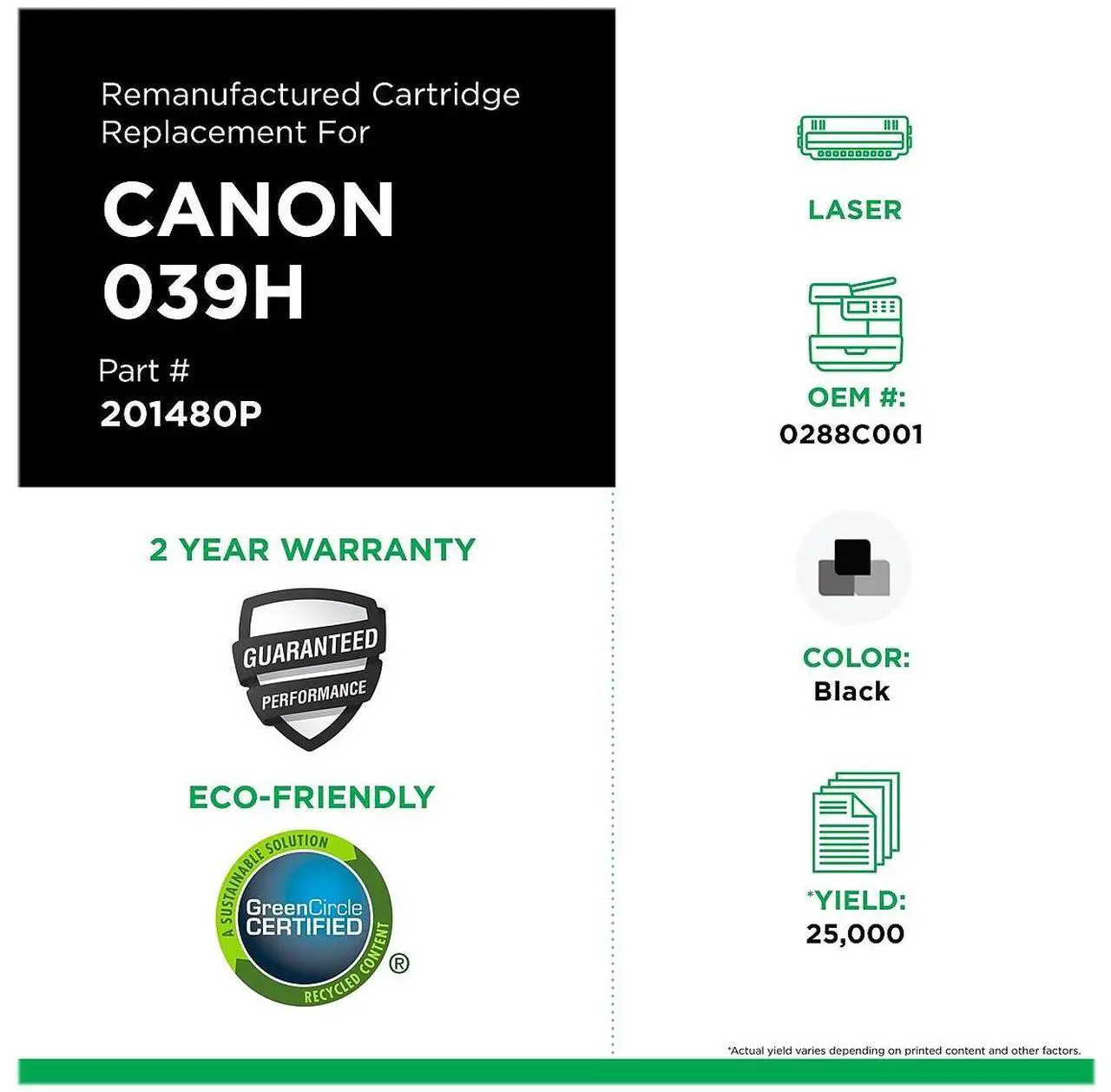 Alt view image 3 of 7 - Clover ufactured Black High Yield Toner Cartridge Replacement for 039H (0288C001)