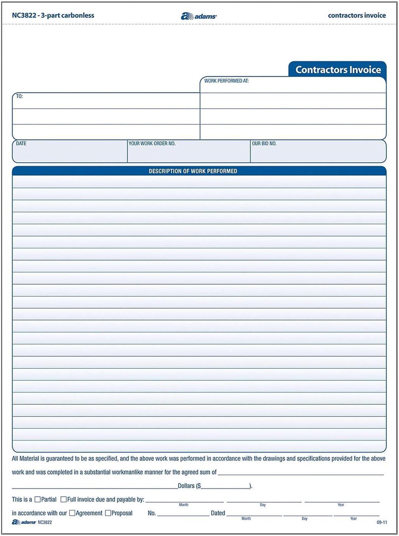 Main image of Adams 3-Part Carbonless Contractors Invoice Forms 8.5"W x 11.44"L 100/Pack (ABF NC3822)