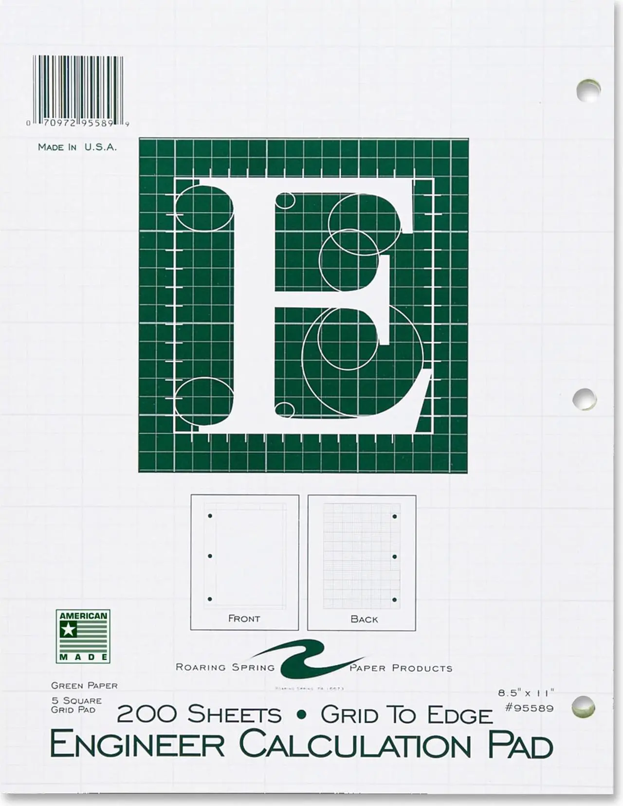 Alt view image 4 of 8 - Roaring Spring 95589 Engineering Pad 200 Sheets Letter 8.50" x 11" - 1Each - Green Paper