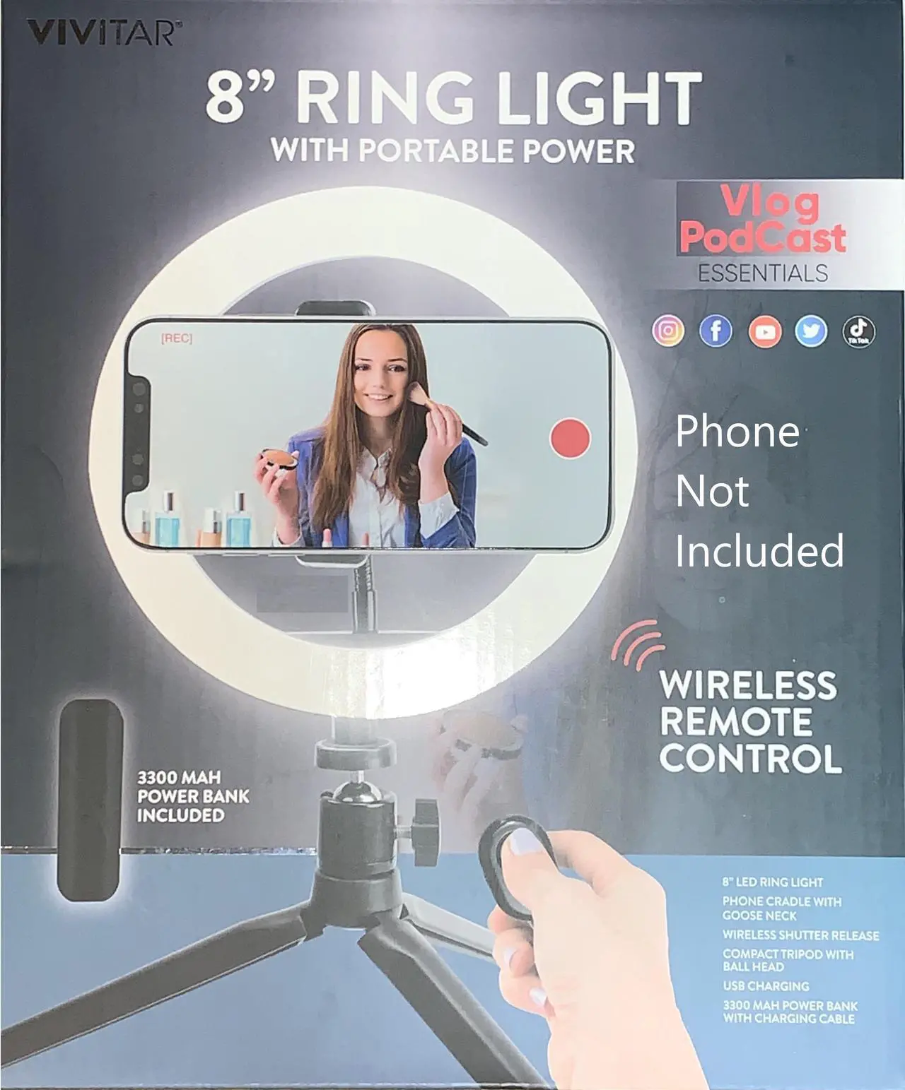 Alt view image 2 of 5 - Vivitar 8" Ring Light W/ Portable Power Bank & Wireless Shutter Release VIVRL8KIT-NOC
