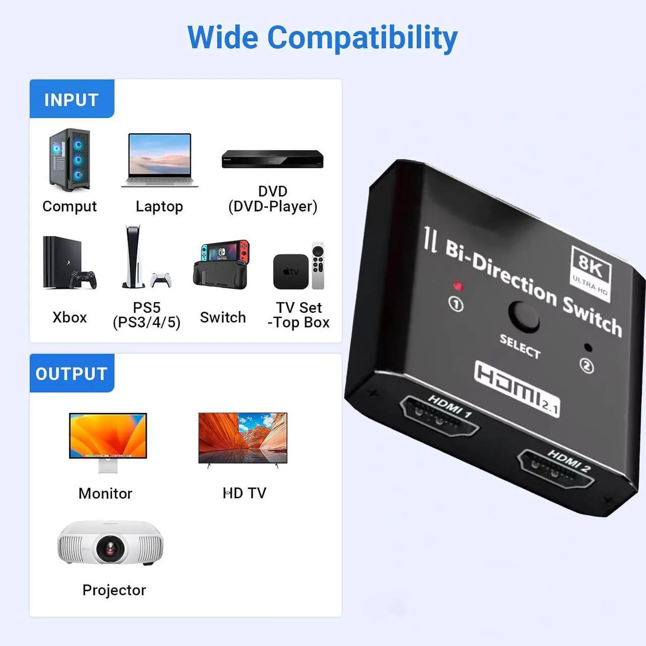 Alt view image 2 of 7 - HDMI 2.1 Switch 8K HDMI Switcher, 4K 120hz HDR Aluminum Bi-Directional Switch Splitter 2 in 1 Out or 1 in 2 Out, Support High Speed 48Gbps 8K@60Hz, for PS5, Xbox Series X, Apple TV, Samsung TV LG TV