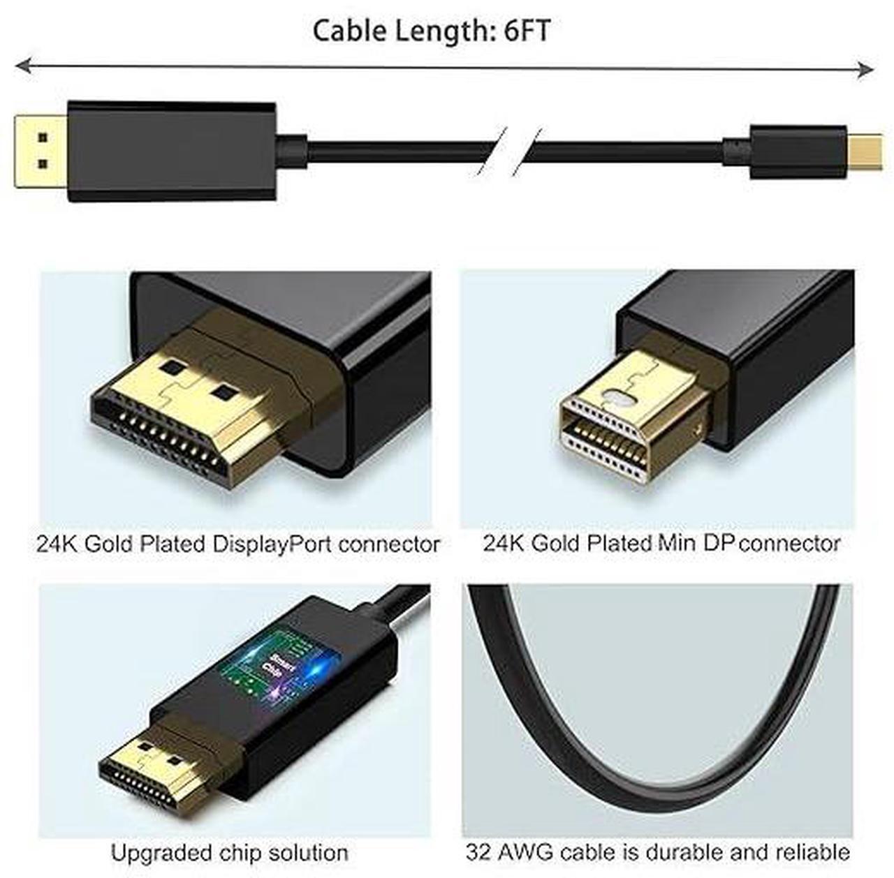 Alt view image 2 of 7 - Kirzi 4K Mini DisplayPort to HDMI Cable 6ft UHD Thunderbolt Cord Compatible with MacBook Air/Pro, Surface Pro, Monitor, TV, Projector