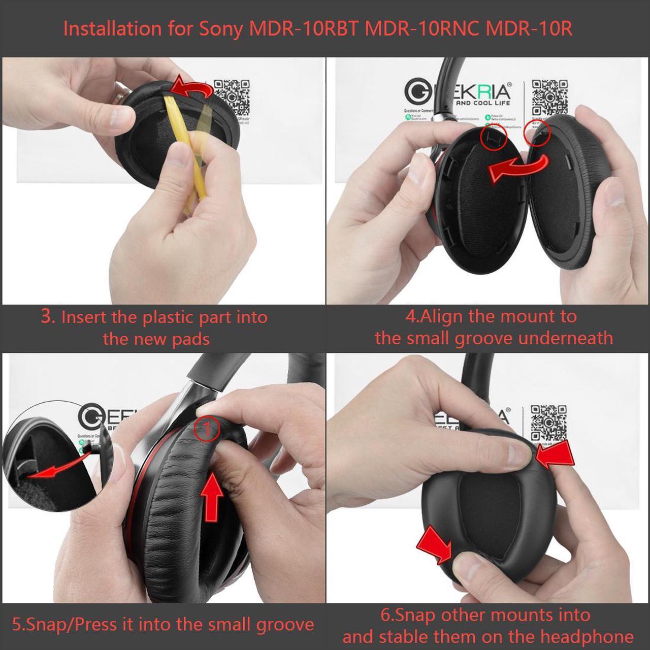 Alt view image 6 of 12 - Geekria QuickFit Protein Leather Replacement Ear Pads for SONY MDR-10RBT, MDR-10RNC, MDR-10R Headphones Ear Cushions, Headset Earpads, Ear Cups Repair Parts (Black)