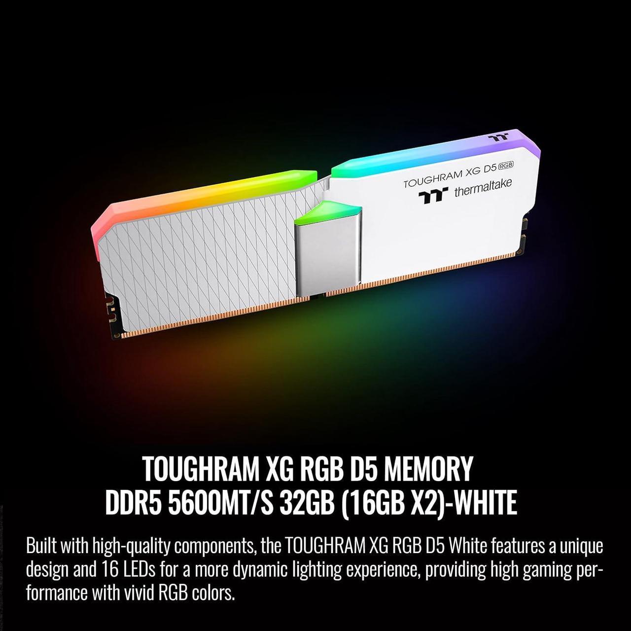 Alt view image 2 of 5 - Thermaltake TOUGHRAM XG RGB D5 Memory DDR5 32 GB (16GBx2) 5600 Mhz C36, Hynix IC, 16 LEDs, RG34D516GX2-5600C36B - White