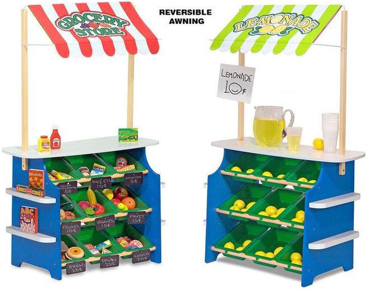 Alt view image 3 of 11 - Melissa & Doug Wooden Grocery Store and Lemonade Stand - Reversible Awning, 9 Bins, Chalkboards