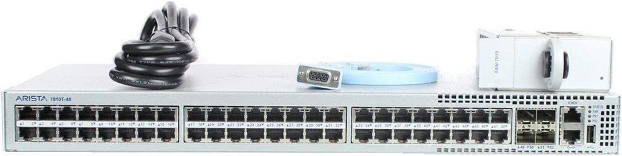 Main image of Arista DCS-7010T-48-R 48P 1GbE 4P 10GbE SFP+ RA Switch with rack mounts.