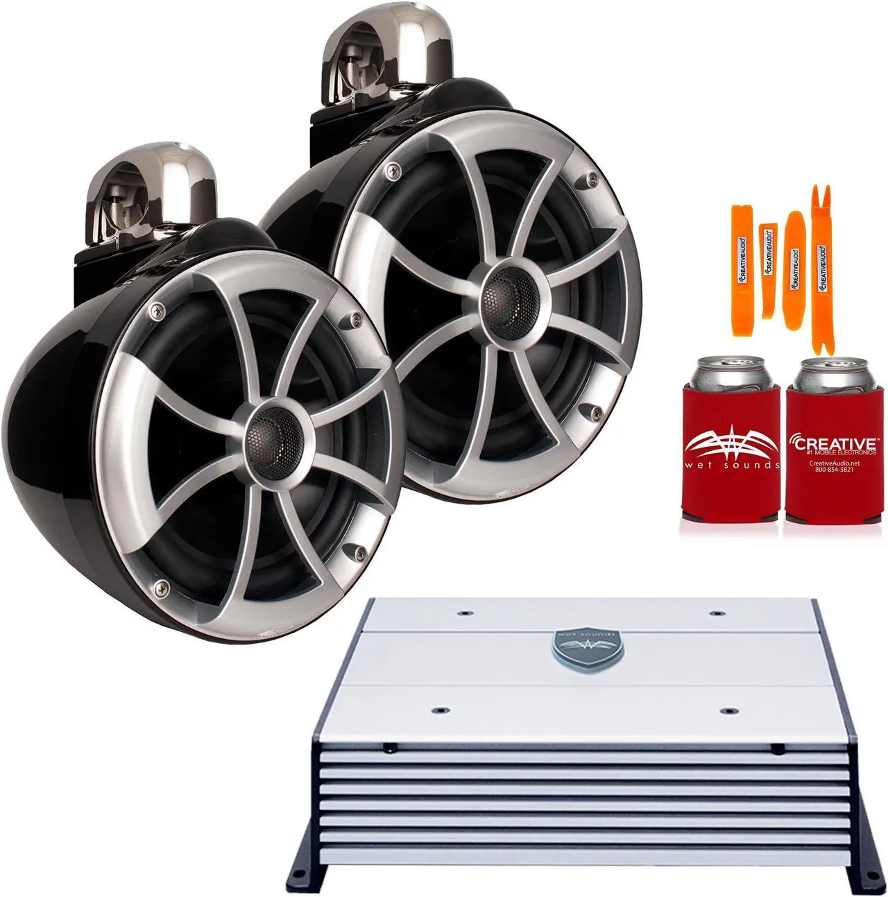 Main image of Wet Sounds ICON8B-FC Black 8" Tower Speakers with Stainless Fixed Clamps and Wet Sounds HTX2 Amplifier
