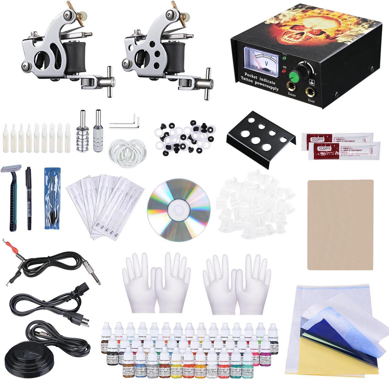 Complete Tattoo Kit 2 Machine 40 Inks Power Supply 10 Wraps Gun Needle Grip Tip