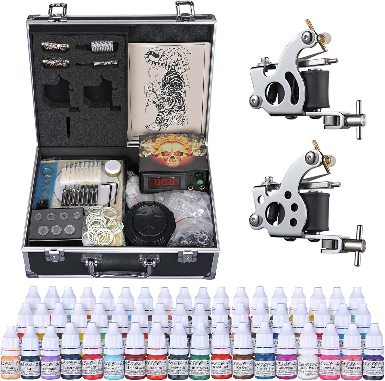 Complete Tattoo Kit 54 Color Ink 2 Machine Guns Set LCD Power Supply Equipment