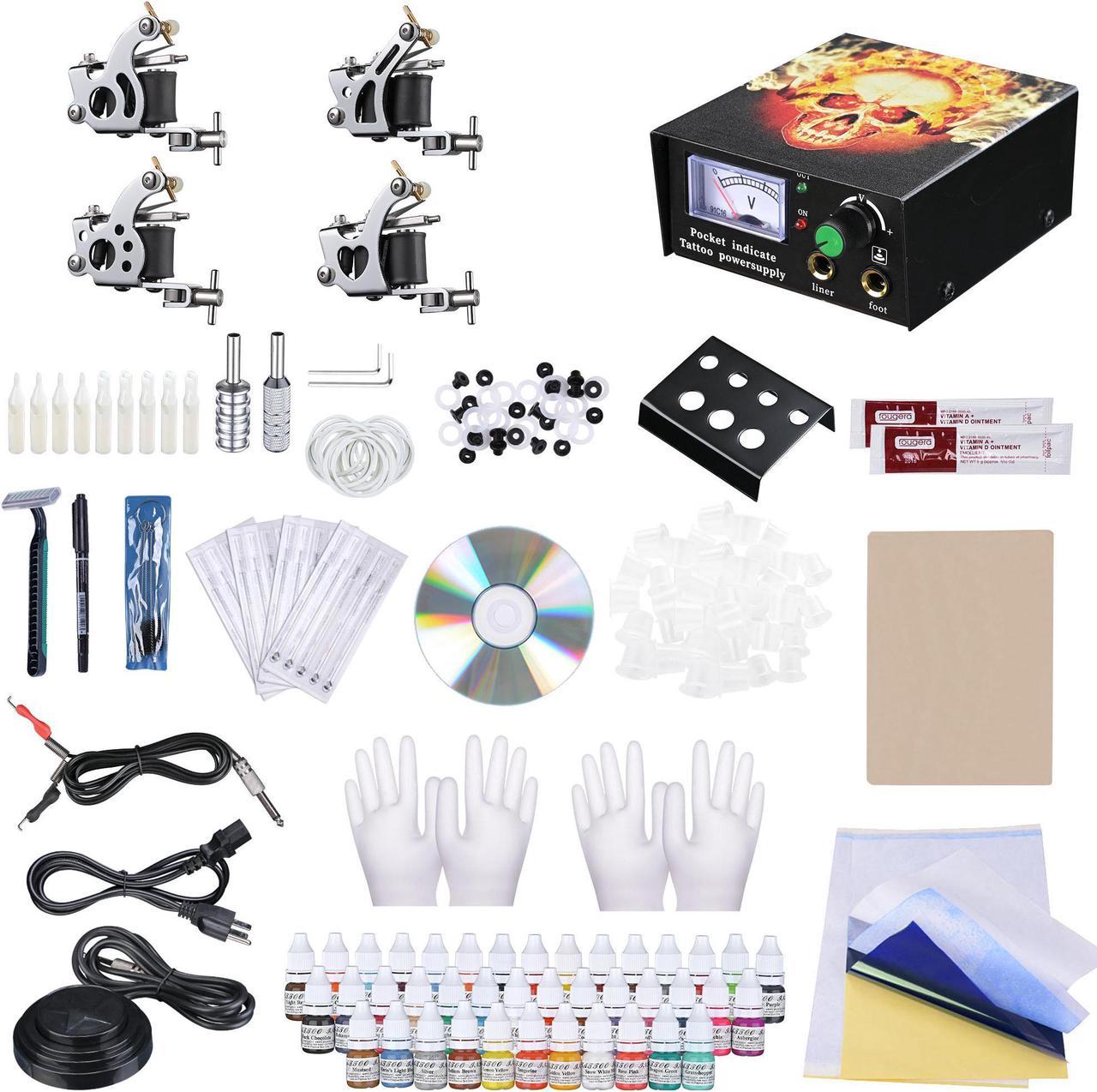 Professional Complete Tattoo Kit 4 Machine 40 Ink Gun Power Supply Grip Tip Set