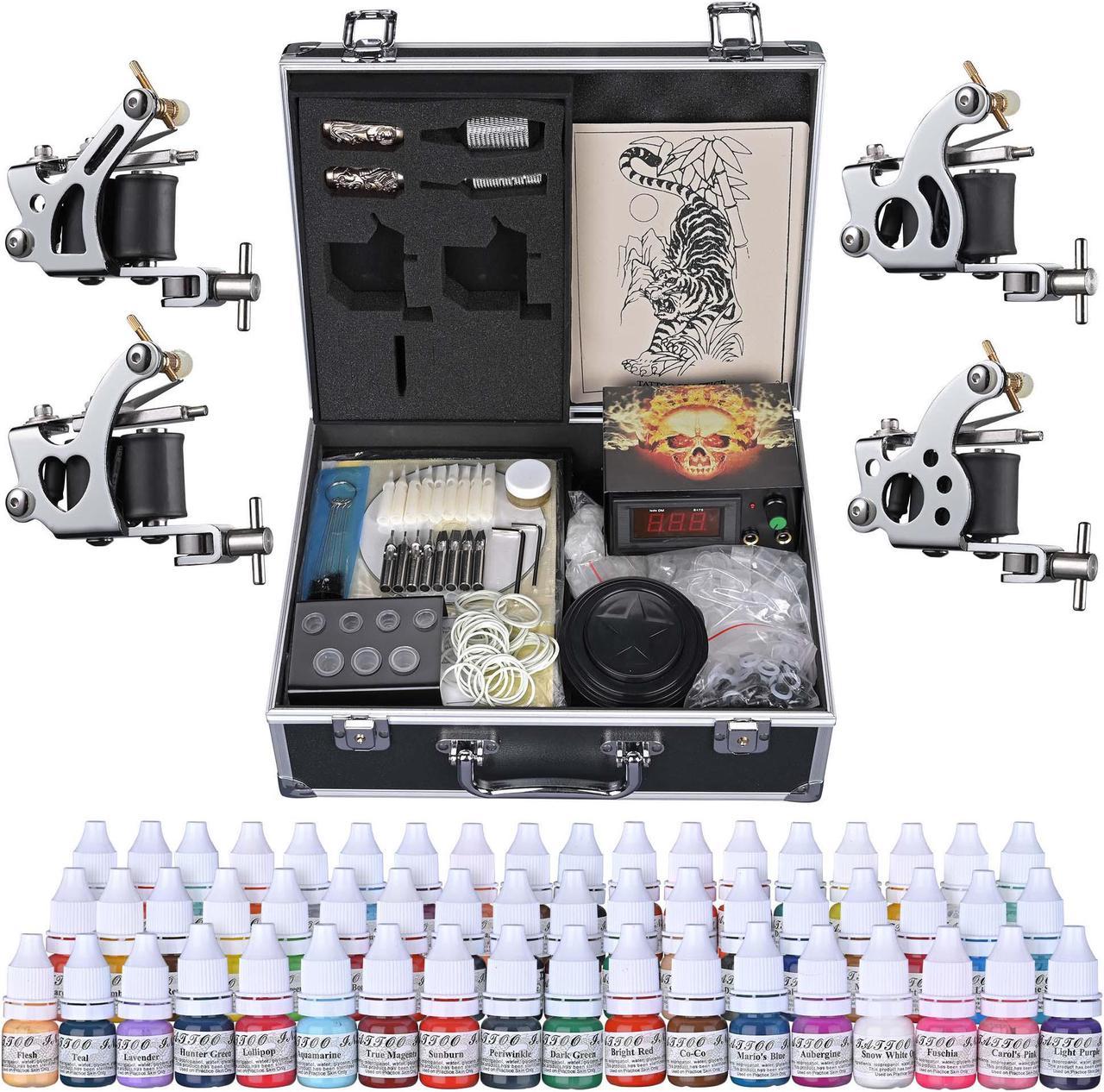 Complete Tattoo Kit 4 Machine 40 Inks Power Supply 10 Wraps Gun Needle Grip Tip