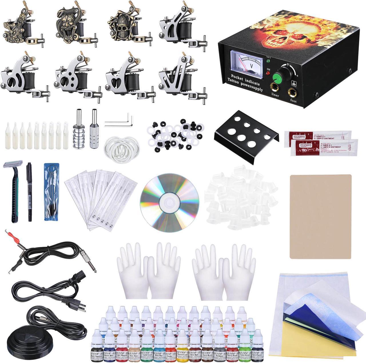 Complete Tattoo Kit 8 Machine 40 Inks Power Supply 10 Wraps Gun Needle Grip Tip