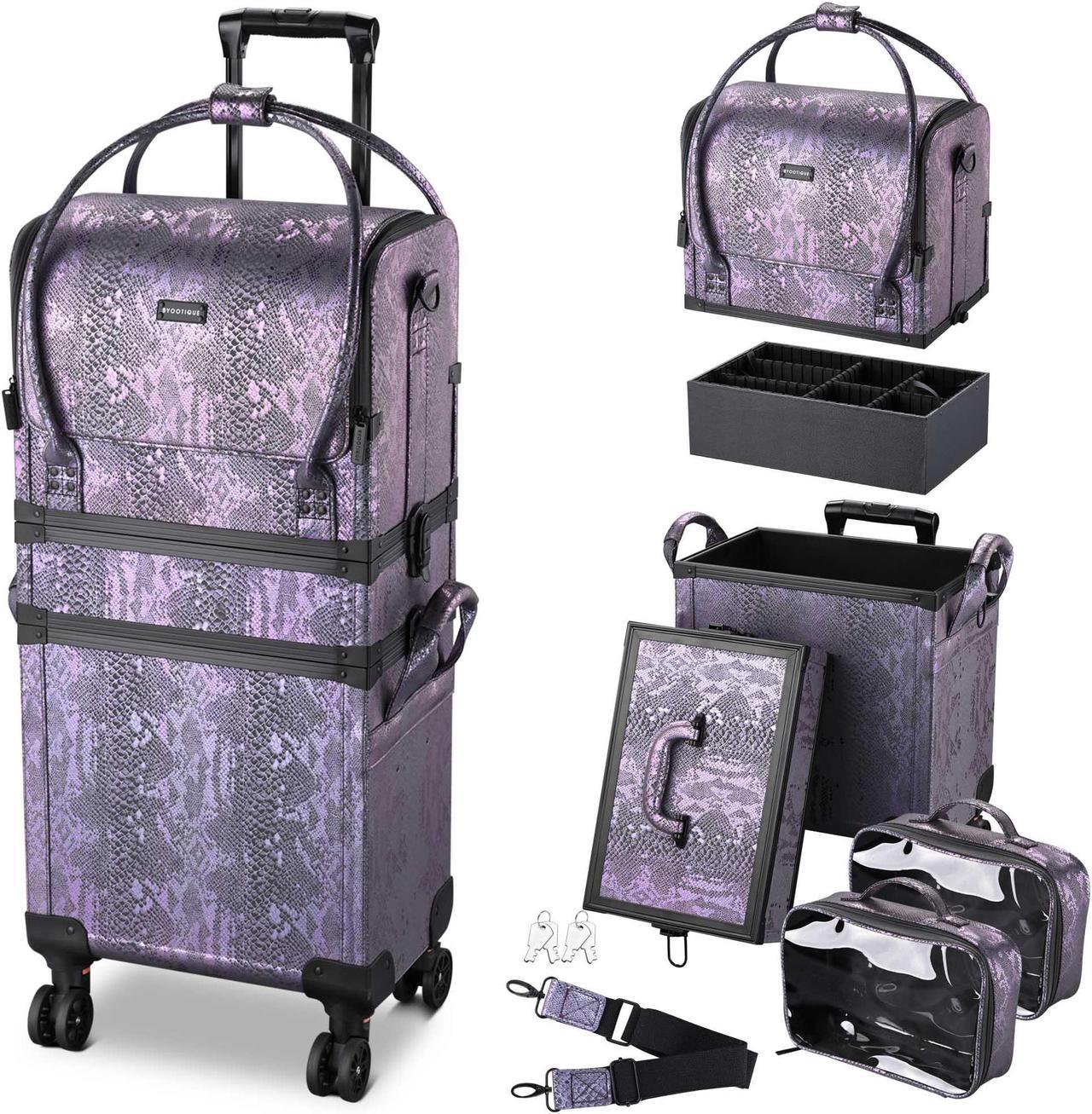 Byootique Purple Makeup Train Case Lockable Rolling Cosmetic Trolley Storage