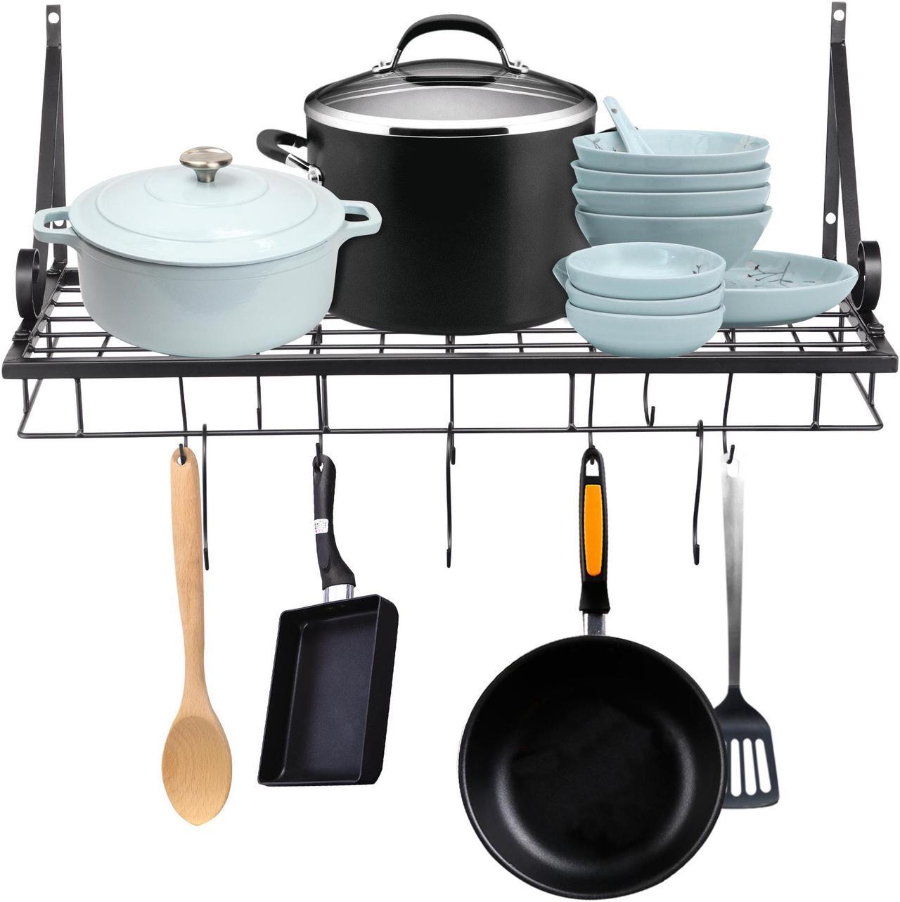 Aquaterior Wall Mount Cookware Rack with 10 Hooks Pan Pot Organizer Kitchen