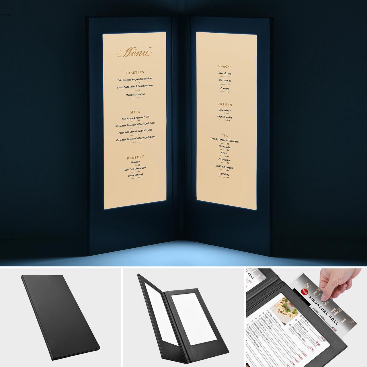 WeChef LED Back Lit Light Menu Holder Cover Folding Double Panel Fits 5"x11" Paper for Hotel Club