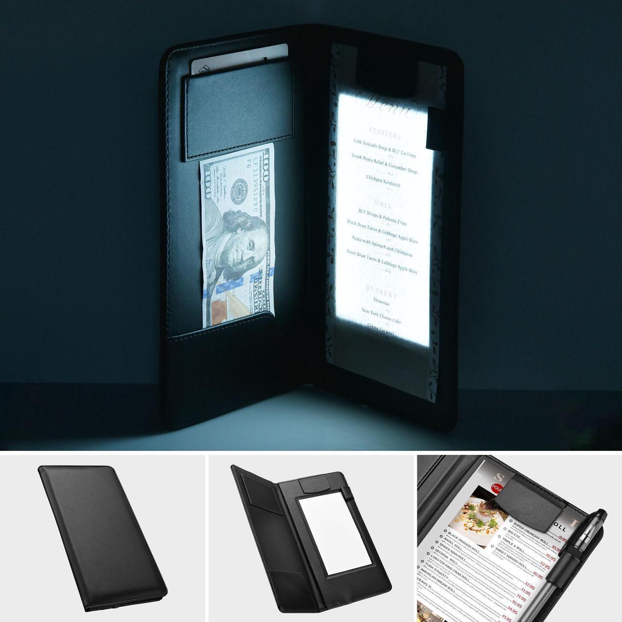 Folding LED Backlit Illuminated Black Leatherette Check Presenter/menu Holder