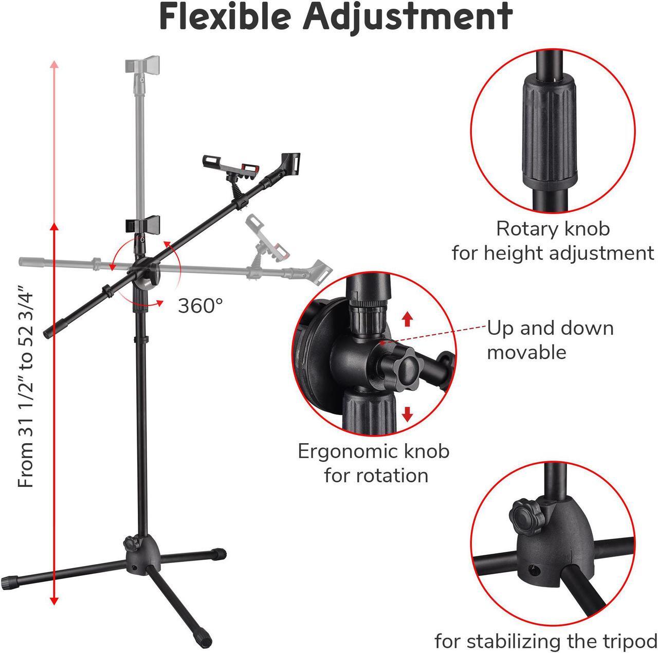 Alt view image 2 of 7 - Microphone Boom Arm Stand w/ Dual Mic Clips Adjustable Tripod Phone Mount Holder