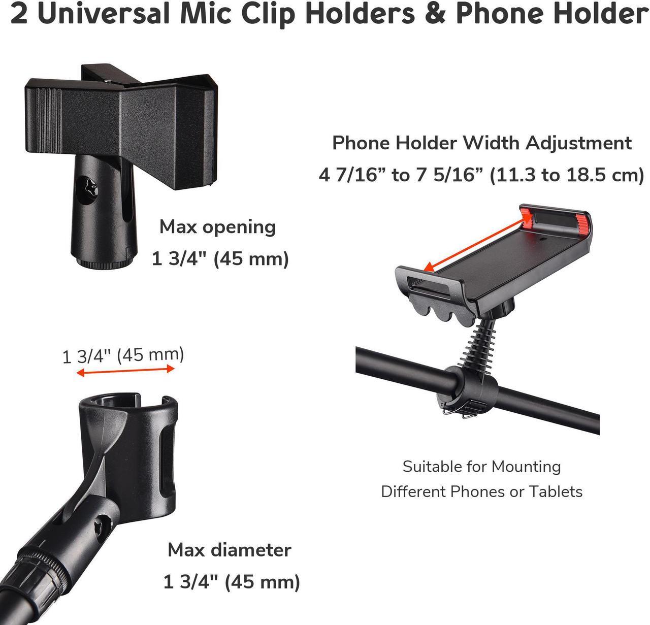 Alt view image 4 of 7 - Microphone Boom Arm Stand w/ Dual Mic Clips Adjustable Tripod Phone Mount Holder