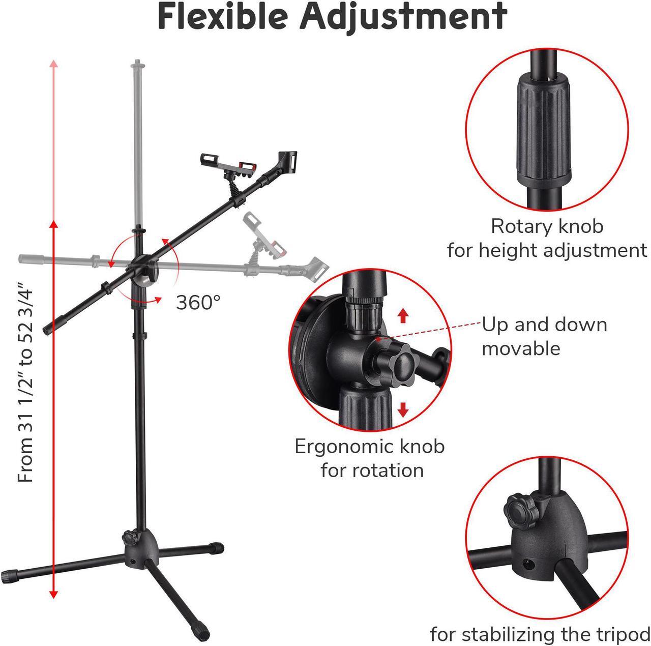 Alt view image 2 of 7 - Microphone Boom Arm Stand Adjustable Foldable Tripod Phone Holder Mic Mount Clip