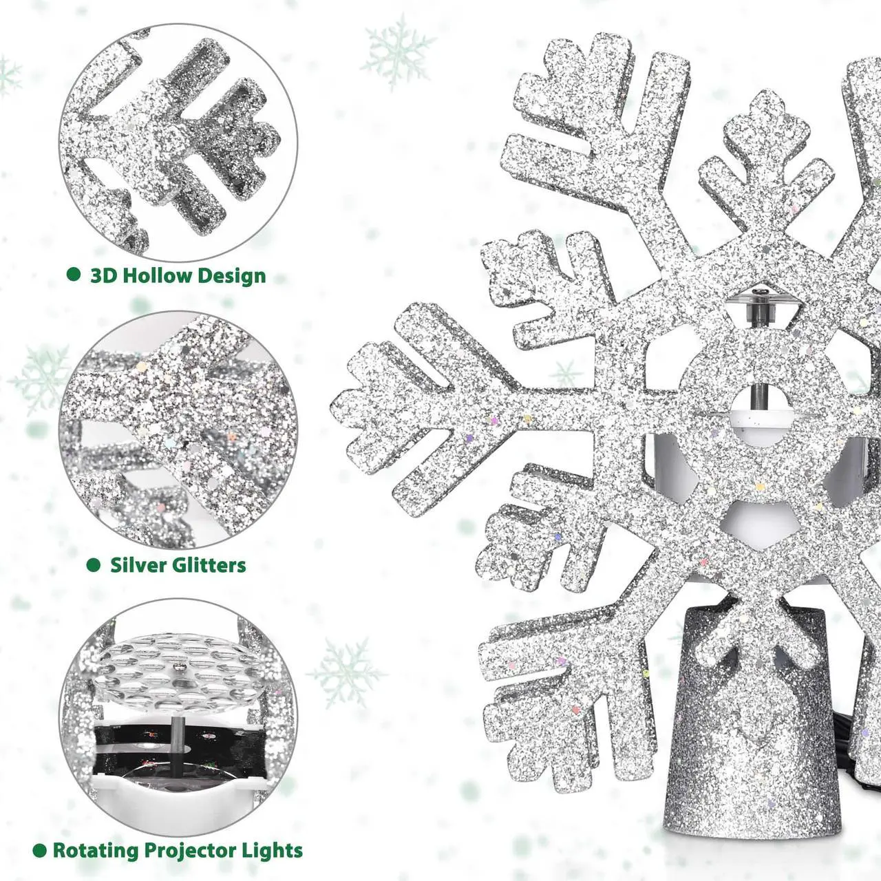 Alt view image 6 of 7 - Yescom Christmas Tree Topper Star,3D Silver Snowflake Rotating Projector,LED Lights, Xmas Decoration