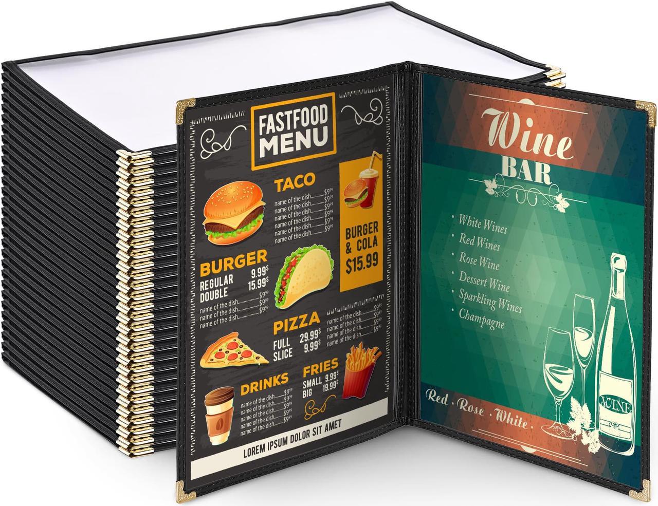 30pc Menu Cover 8.5x14 2 Page 4 View Double Fold Black Trimmer PVC Deli Food