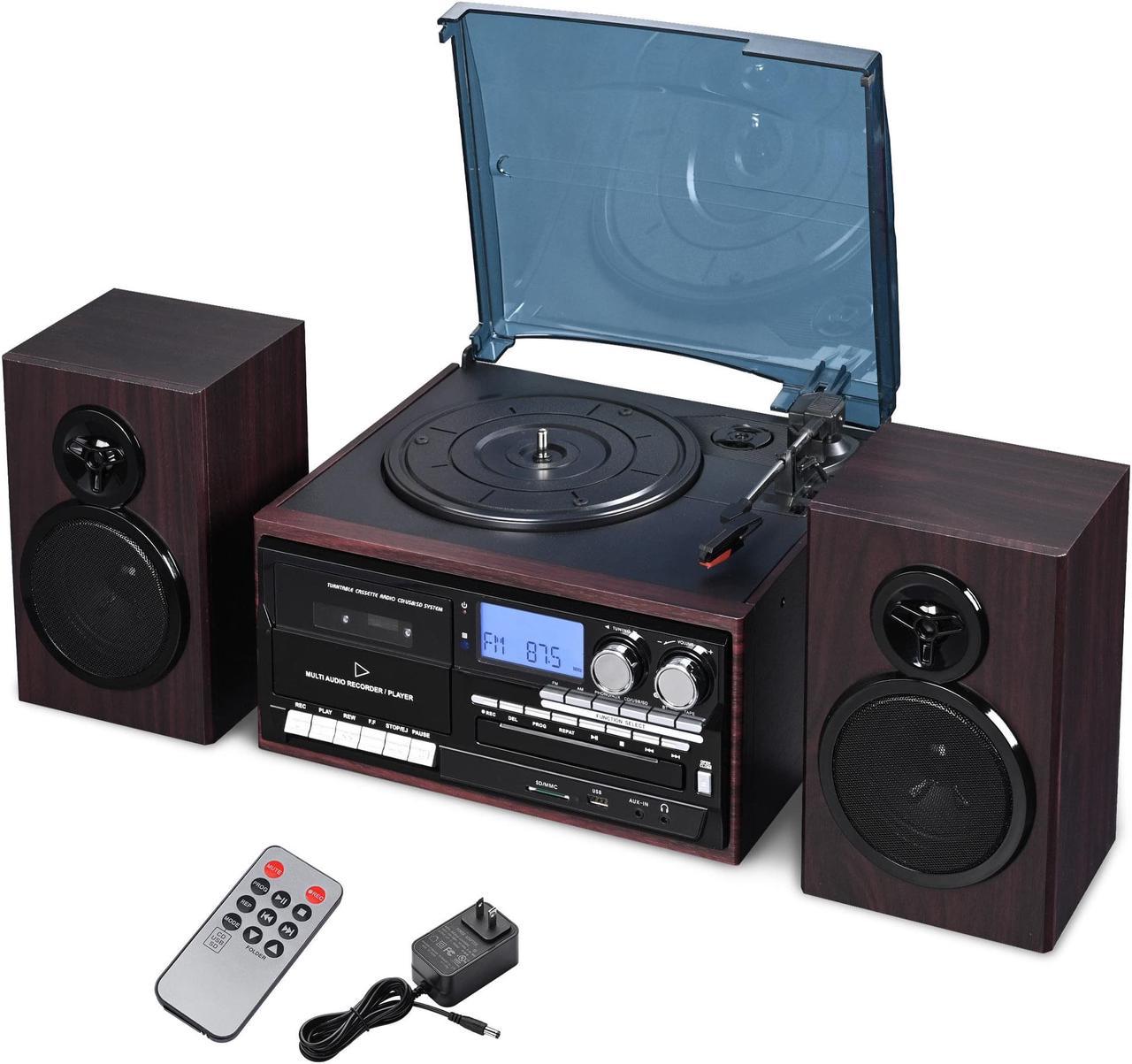 Yescom Vinyl Record Player with Speakers Turntable Bluetooth Tape Cassette CD Player Retro