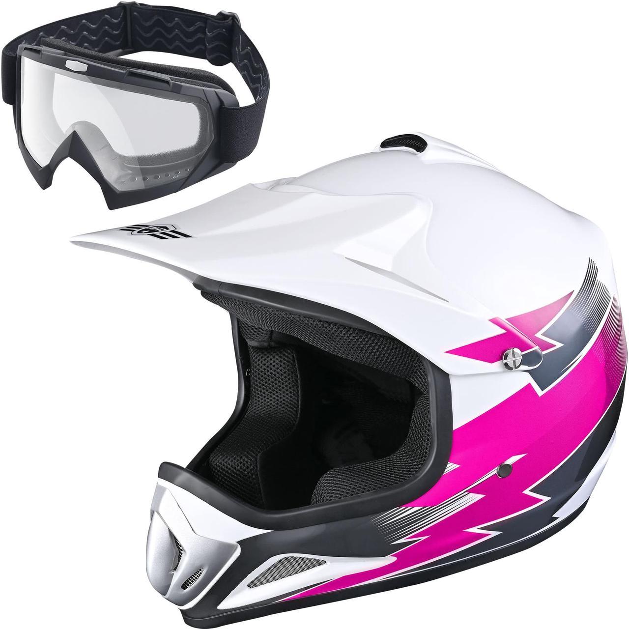 AHR H-VEN12 Youth DOT Motocross Helmet and Goggles Set Clear Lens ATV MX Off-road Kids Pink XL