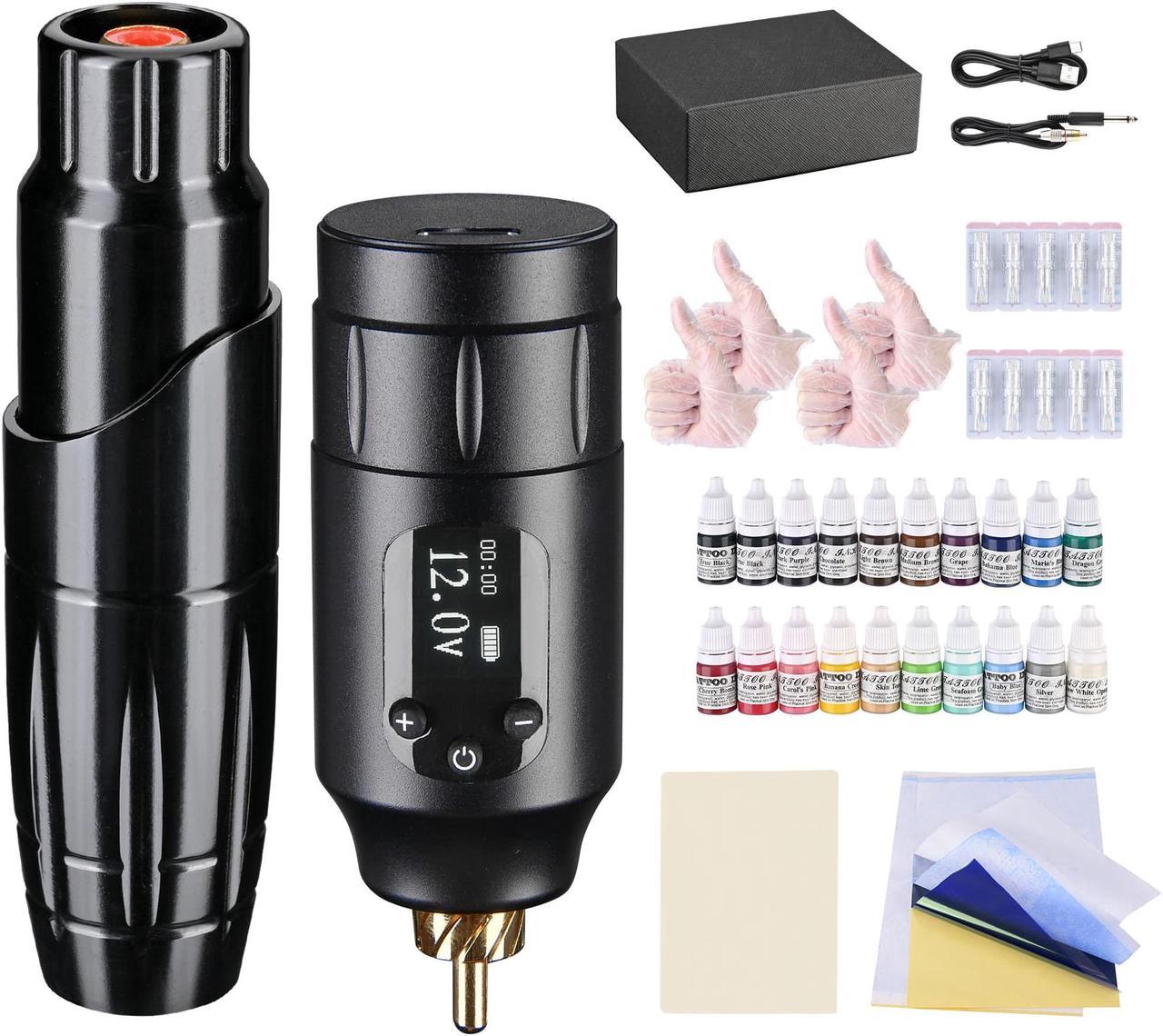 Wireless Tattoo Pen Kit Portable Rotary Pen Power Supply Battery 10 Needles Ink