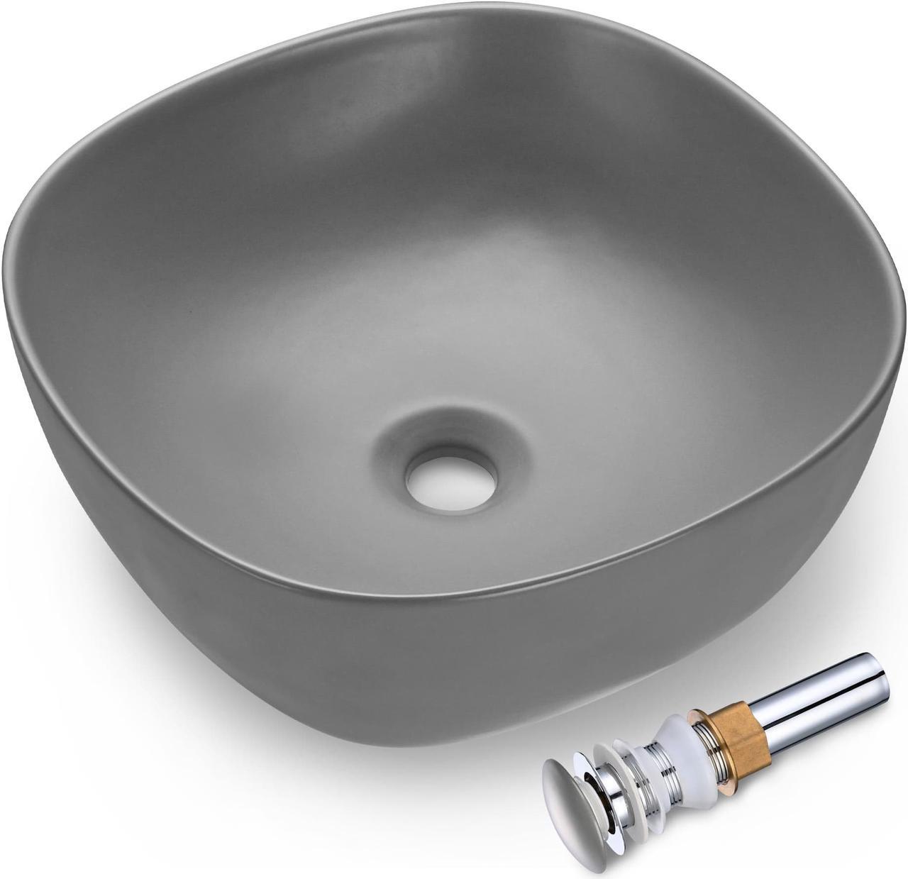 Main image of Aquaterior 16" Bathroom Ceramic Vessel Sink Countertop Bowl w/ Pop Up Drain Grey