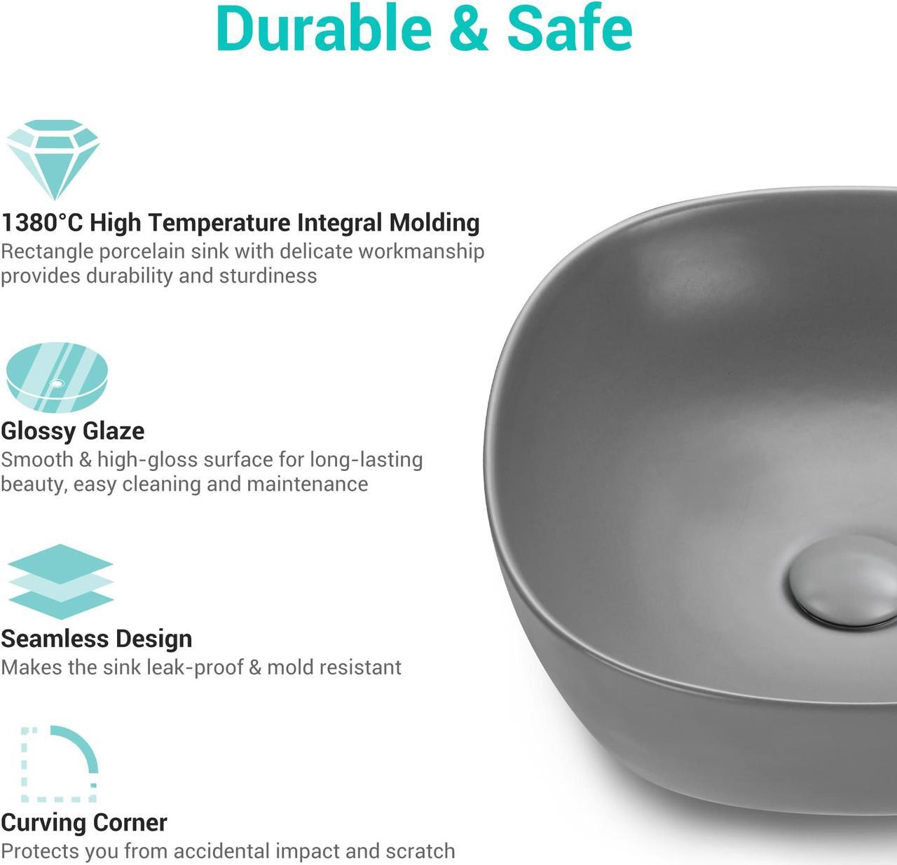 Alt view image 3 of 7 - Aquaterior 16" Bathroom Ceramic Vessel Sink Countertop Bowl w/ Pop Up Drain Grey