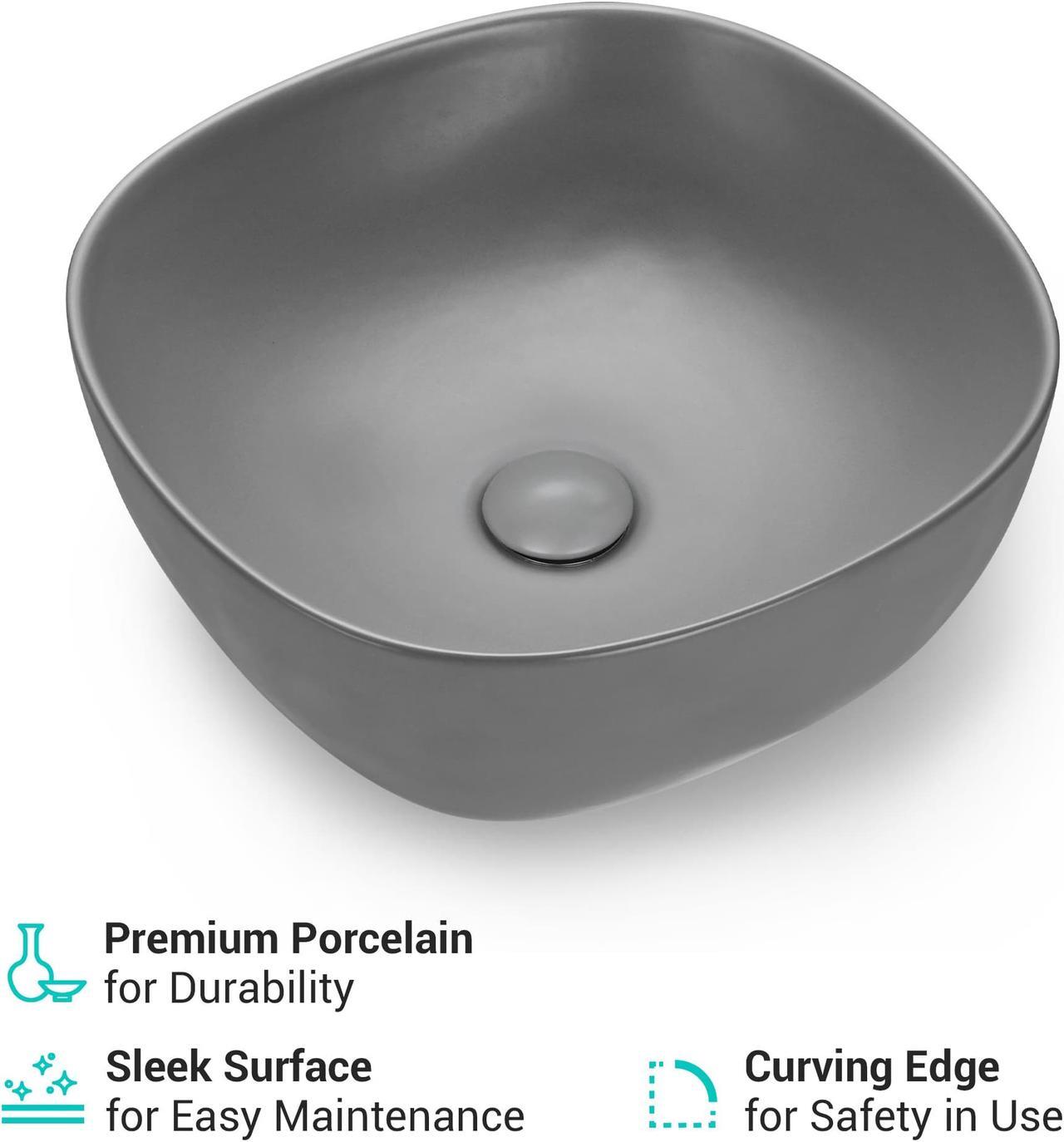 Alt view image 2 of 7 - Aquaterior 16" Bathroom Ceramic Vessel Sink Countertop Bowl w/ Pop Up Drain Grey