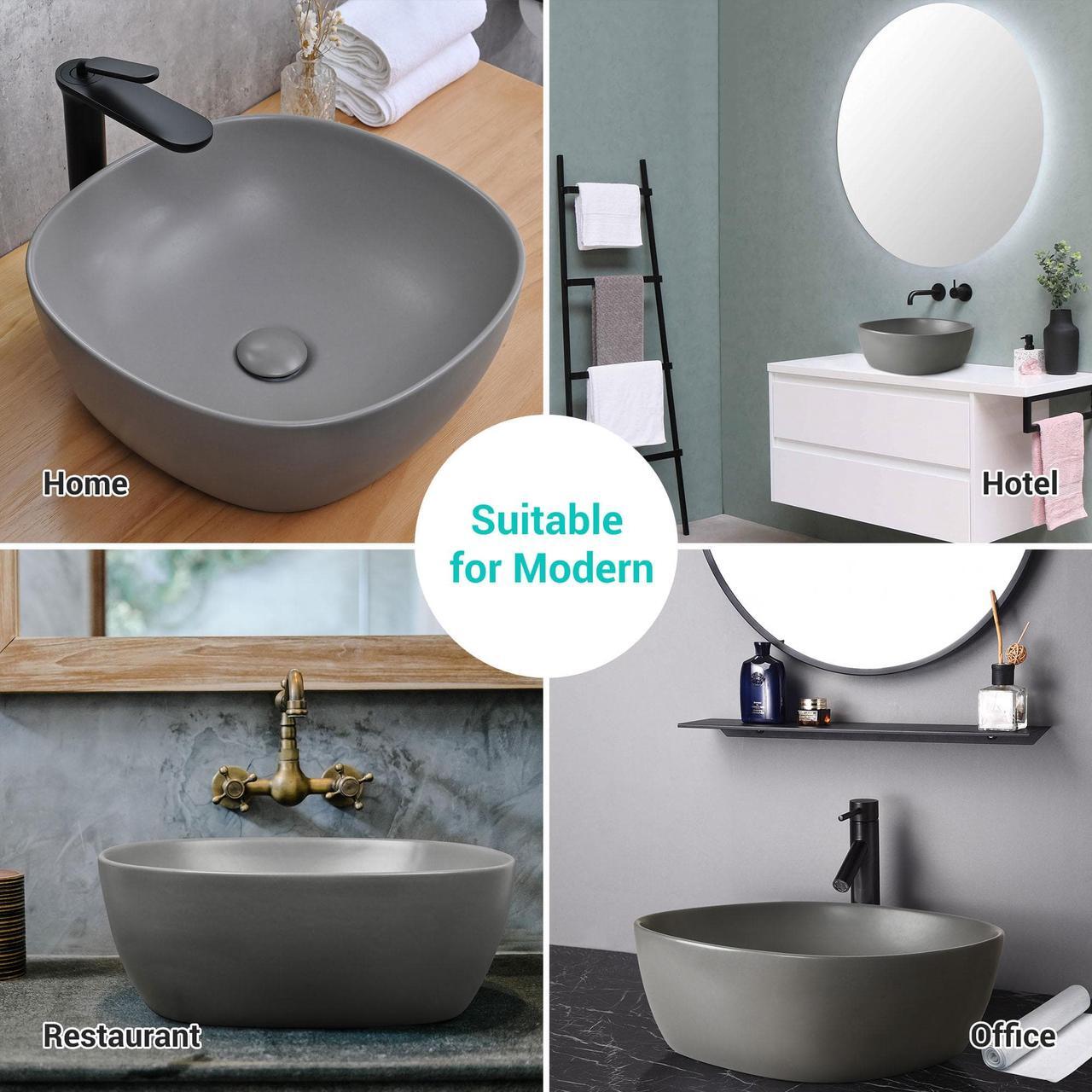 Alt view image 6 of 7 - Aquaterior 16" Bathroom Ceramic Vessel Sink Countertop Bowl w/ Pop Up Drain Grey