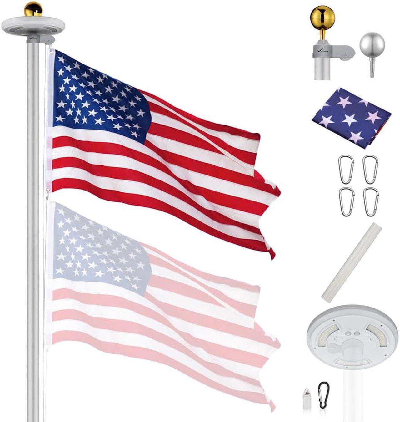 20 Ft Sectional Aluminum Flag Pole Kit with 111 LED Solar Light US Flag Garden