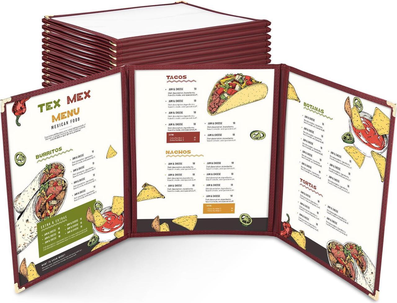 WeChef 30 Packs Restaurant Menu Covers 8.5 x 11 Triple Fold 3 Pages 6 Views Burgundy