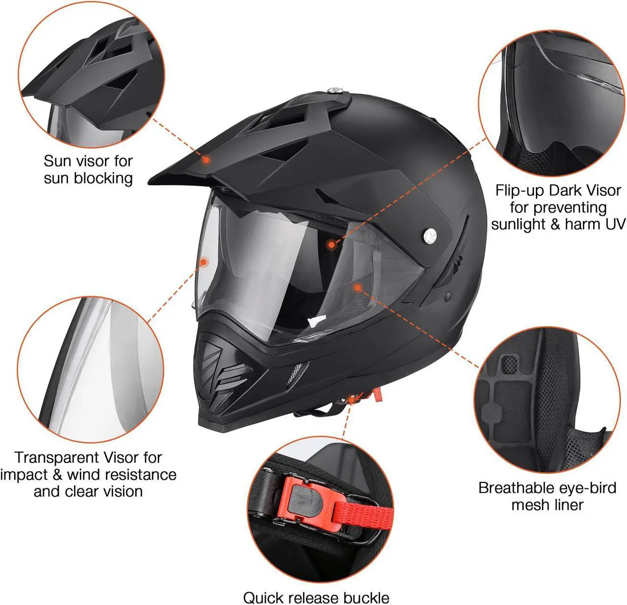 Alt view image 5 of 7 - AHR Dual Sport Full Face Motorcycle Helmet Motocross Offroad Bike w/ Sun Visor