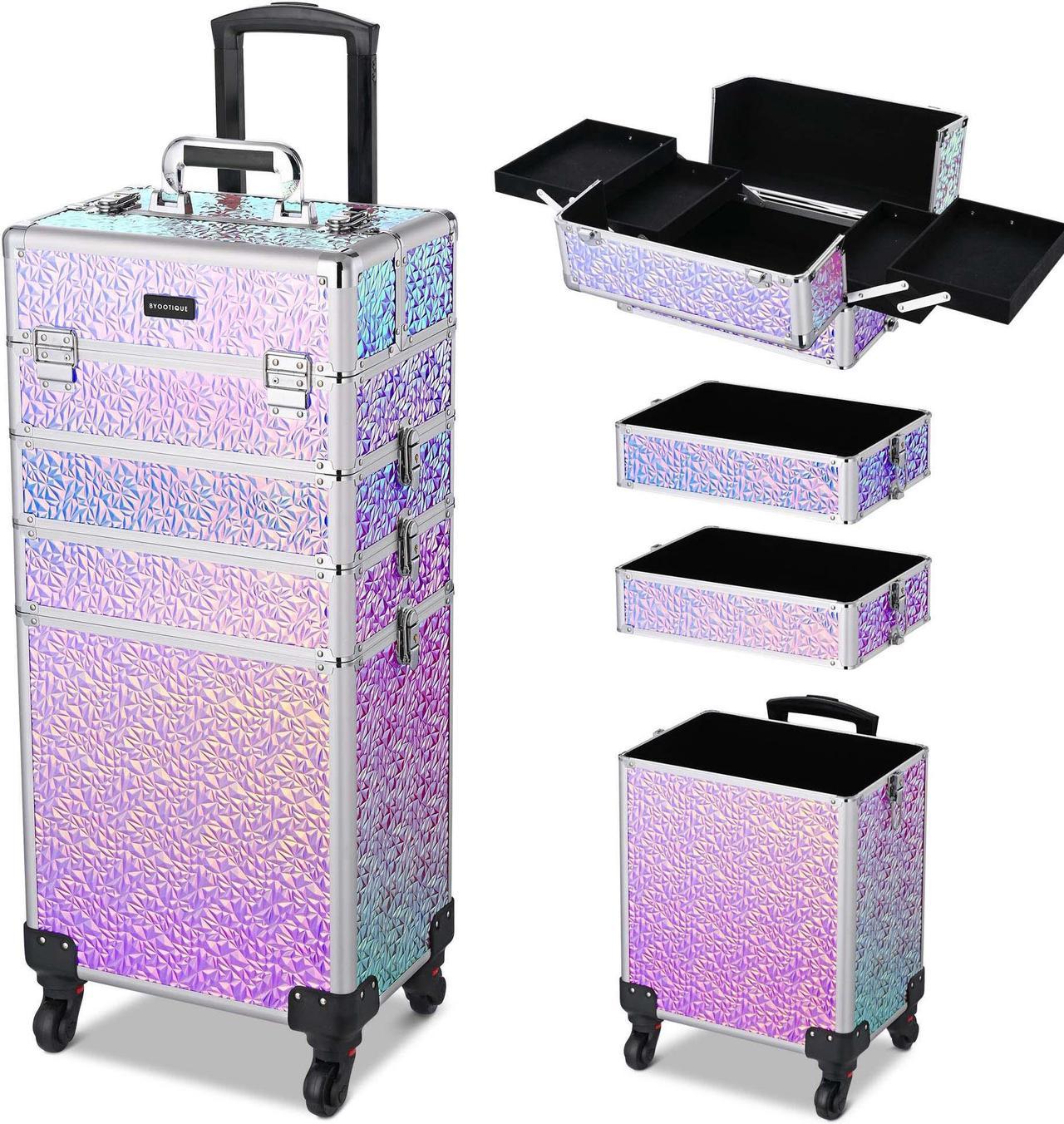 Byootique Rolling Makeup Train Case 4in1 Cosmetic Trolley Organizer Travel Case with Detachable Removable Wheels for Makeup Artist Trave Nail, Mermaid Purple