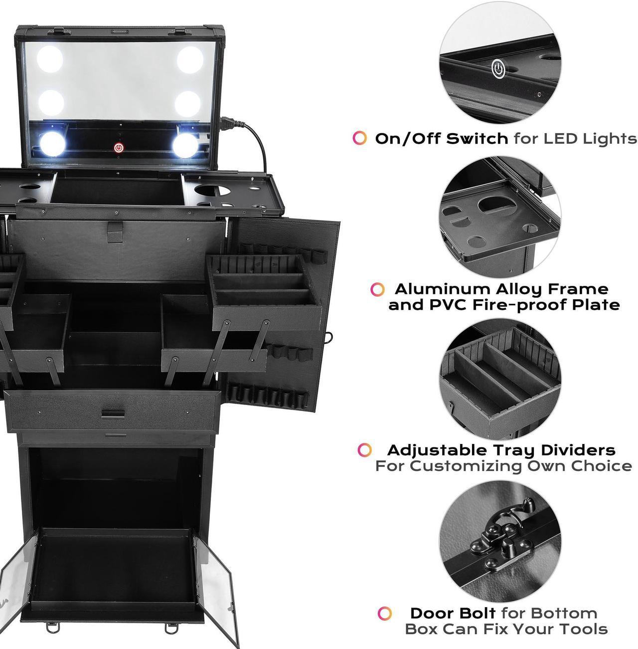 Alt view image 2 of 7 - Byootique® Rolling Makeup Case Pro Hair Stylist Barber Artists Case Multifunction Lighted Lockable