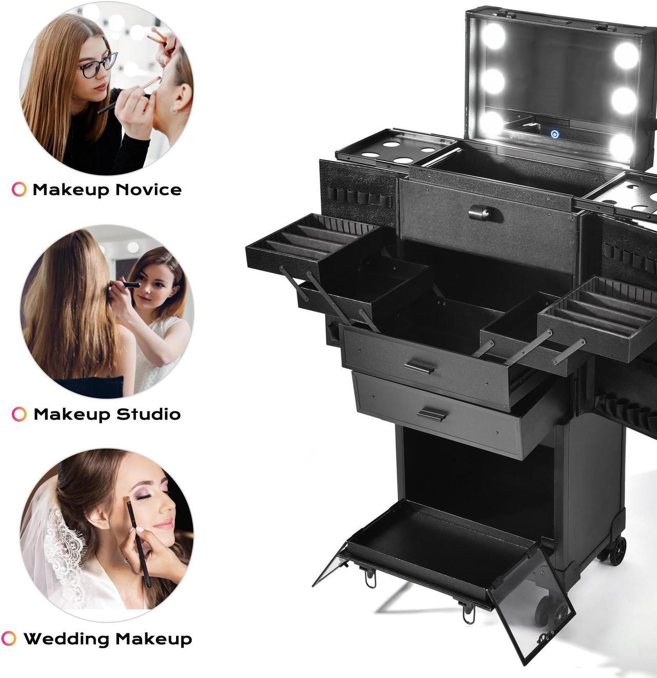 Alt view image 4 of 7 - Byootique® Rolling Makeup Case Pro Hair Stylist Barber Artists Case Multifunction Lighted Lockable