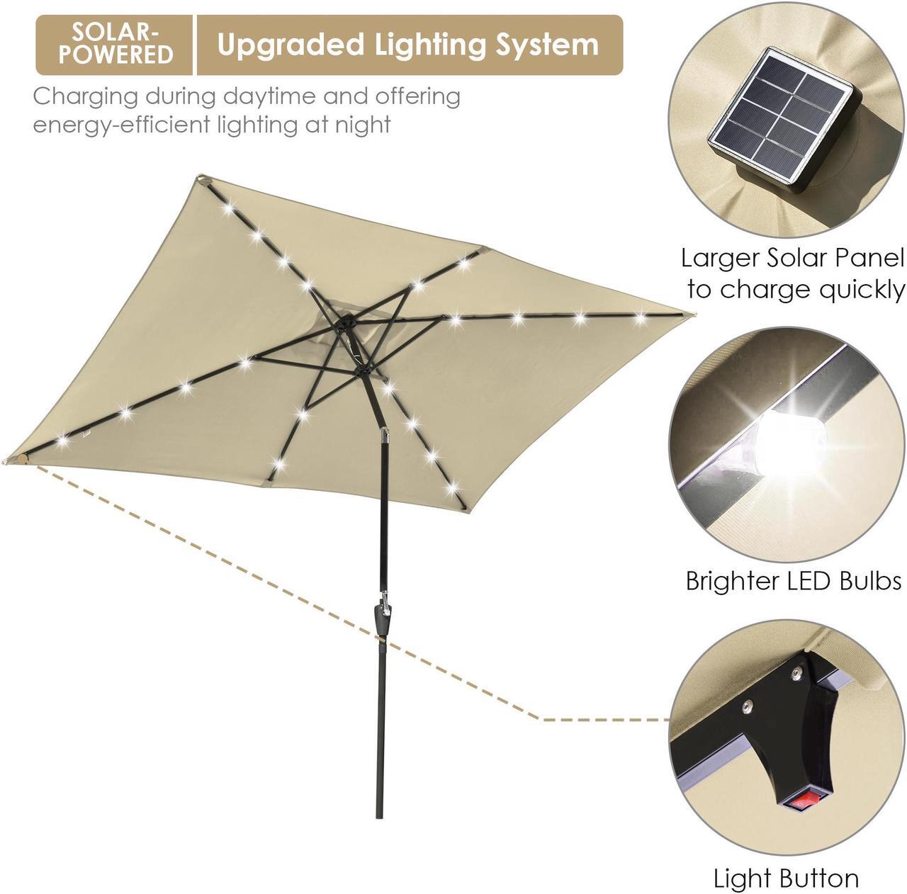 Alt view image 3 of 7 - 4Pcs 10x6.5' Rectangle Aluminum Solar Outdoor Crank Tilt Patio Umbrella w/ 20 LEDs Poolside Garden