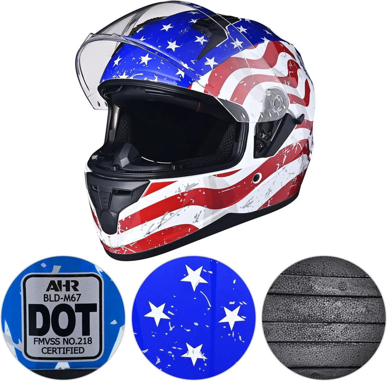 Alt view image 2 of 7 - AHR RUN-F Full Face Stars and Stripes Motorcycle Helmet Flip up Dual Visor DOT M