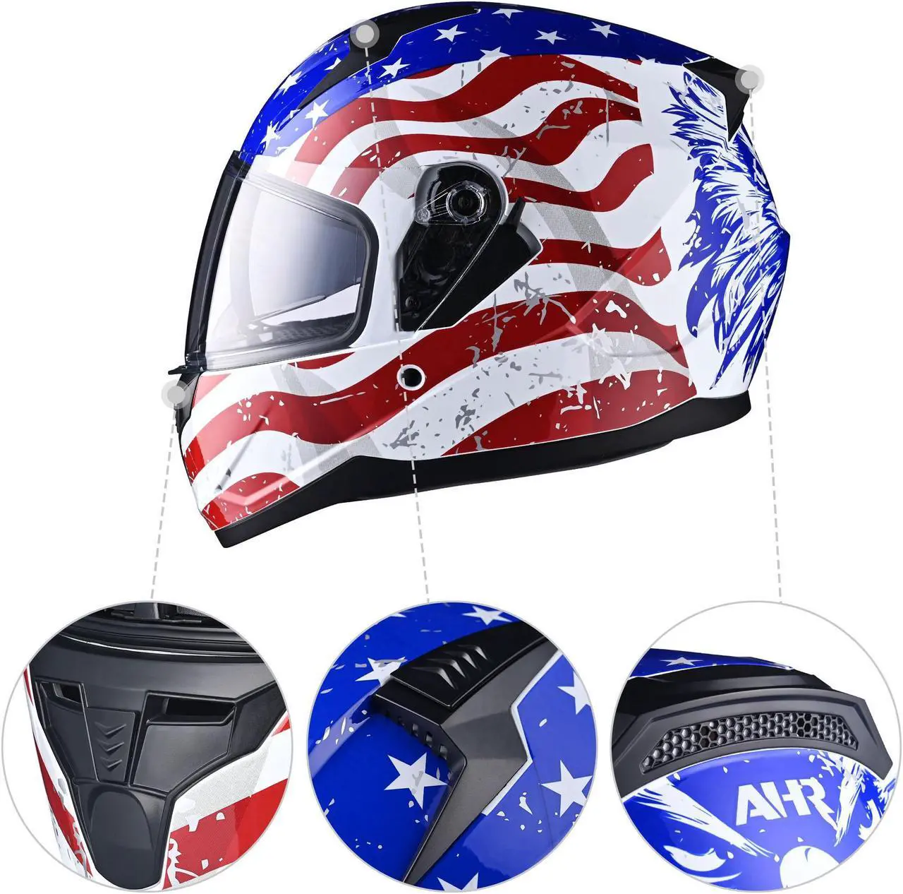 Alt view image 3 of 7 - AHR RUN-F Full Face Stars and Stripes Motorcycle Helmet Flip up Dual Visor DOT M