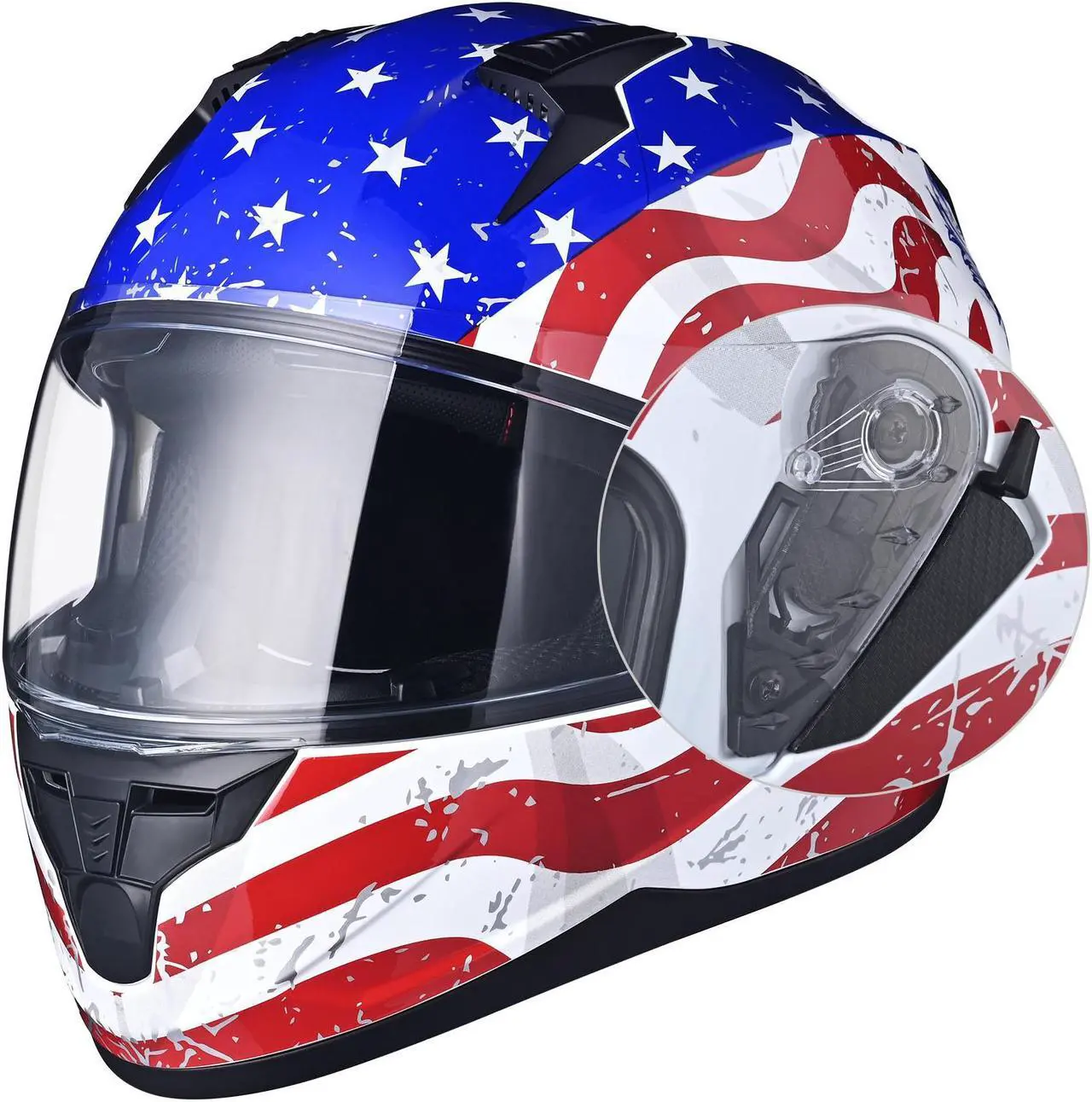 Alt view image 4 of 7 - AHR RUN-F Full Face Stars and Stripes Motorcycle Helmet Flip up Dual Visor DOT M