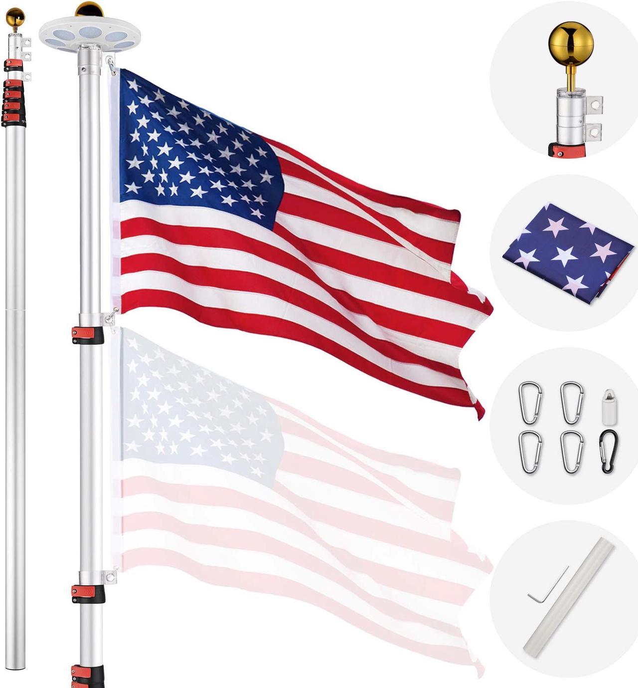 30 Ft Telescopic Aluminum Flag Pole Kit with 136 LED Solar Light US Flag Outdoor