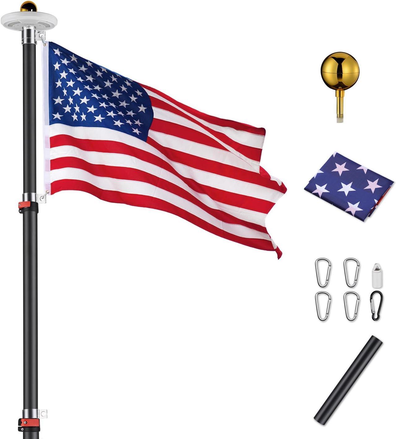 30 Ft Telescopic Aluminum Flag Pole Kit with 111 LED Solar Light US Flag Garden