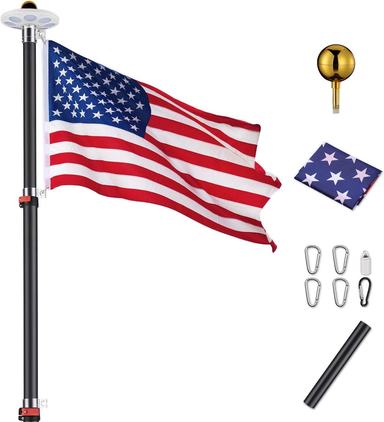 30 Ft Telescopic Aluminum Flag Pole Kit with 136 LED Solar Light US Flag Garden